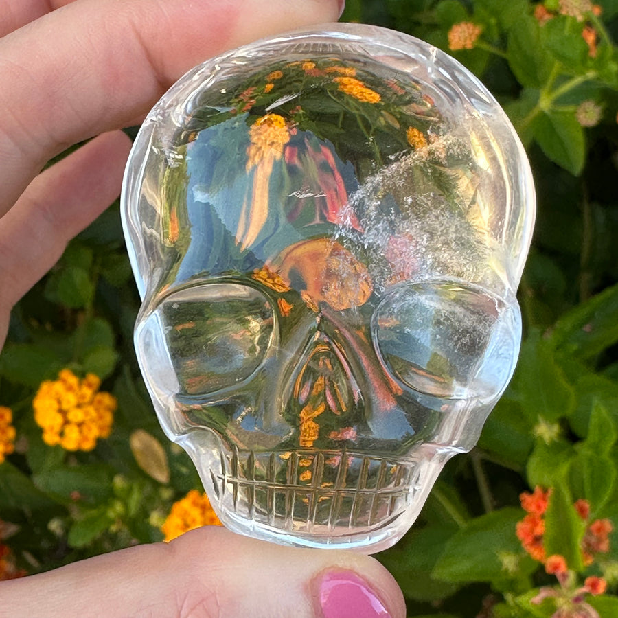 Clear Lemurian Quartz Palm Crystal Skull Carved by Leandro de Souza