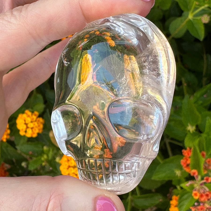 Clear Lemurian Quartz Palm Crystal Skull Carved by Leandro de Souza