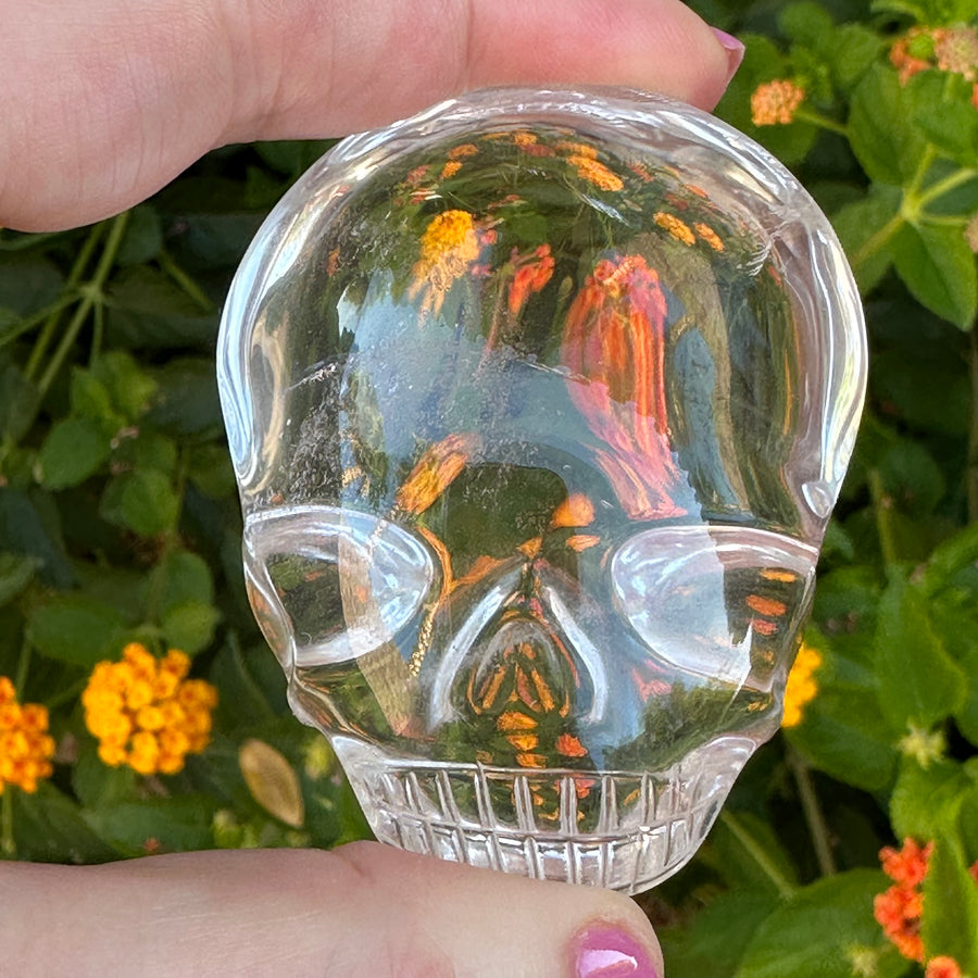 Clear Lemurian Quartz Palm Crystal Skull Carved by Leandro de Souza