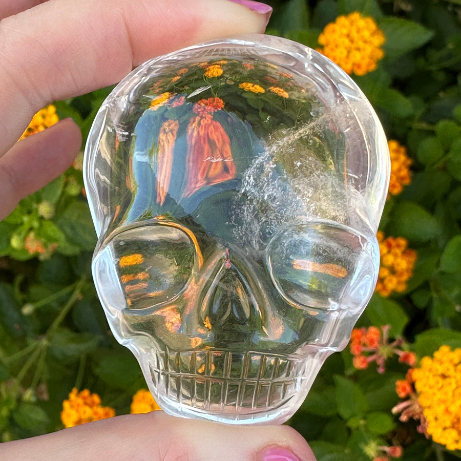 Clear Lemurian Quartz Palm Crystal Skull Carved by Leandro de Souza