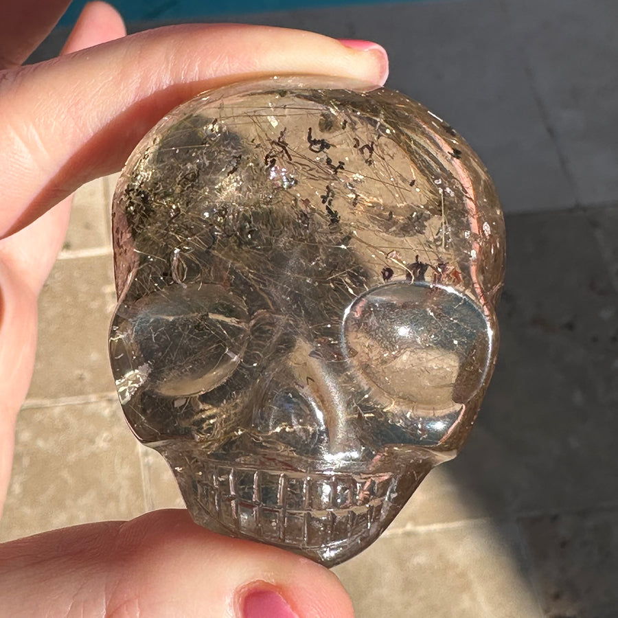 Golden Rutile and Lodolite Citrine Quartz Palm Crystal Skull Carved by Leandro de Souza