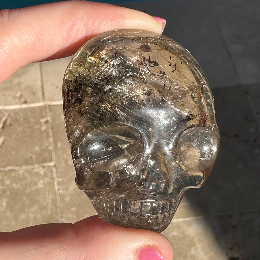 Golden Rutile and Lodolite Citrine Quartz Palm Crystal Skull Carved by Leandro de Souza