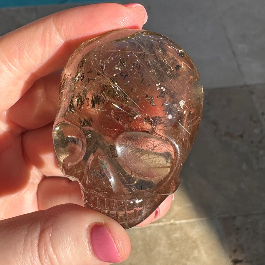 Golden Rutile and Lodolite Citrine Quartz Palm Crystal Skull Carved by Leandro de Souza