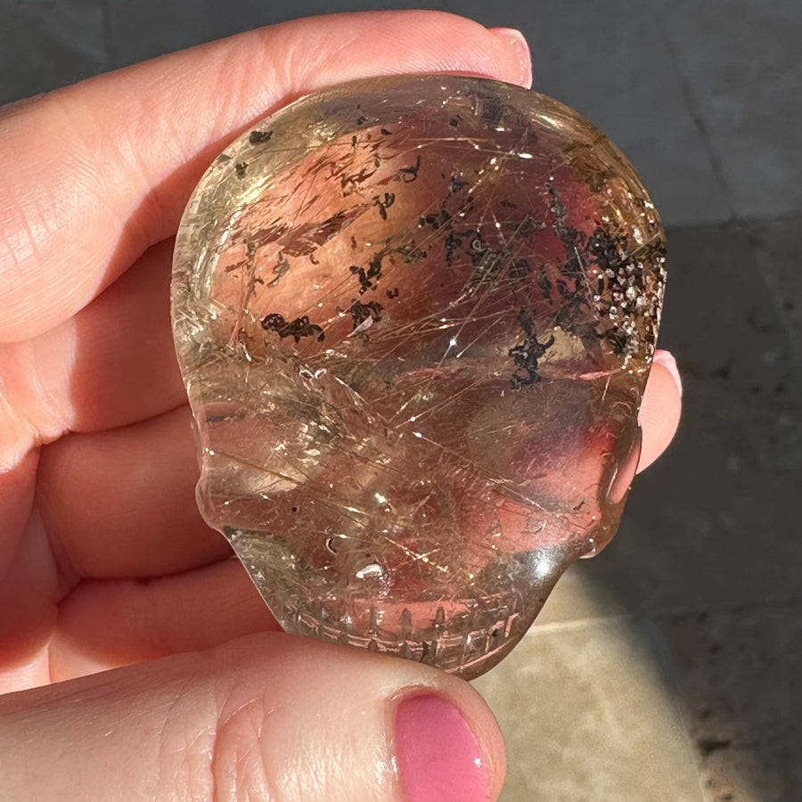 Golden Rutile and Lodolite Citrine Quartz Palm Crystal Skull Carved by Leandro de Souza