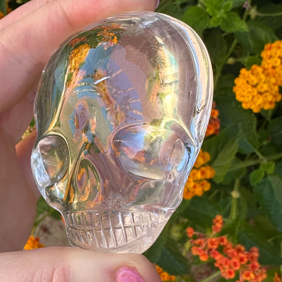 Clear Lemurian Quartz Palm Crystal Skull Carved by Leandro de Souza