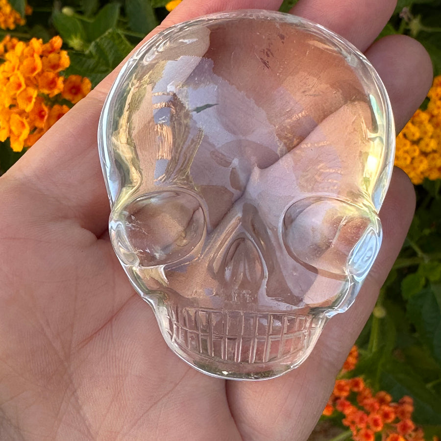 Clear Lemurian Quartz Palm Crystal Skull Carved by Leandro de Souza