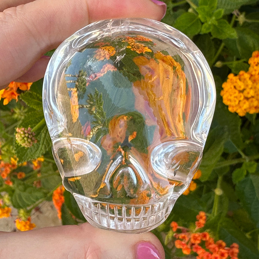 Clear Lemurian Quartz Palm Crystal Skull Carved by Leandro de Souza