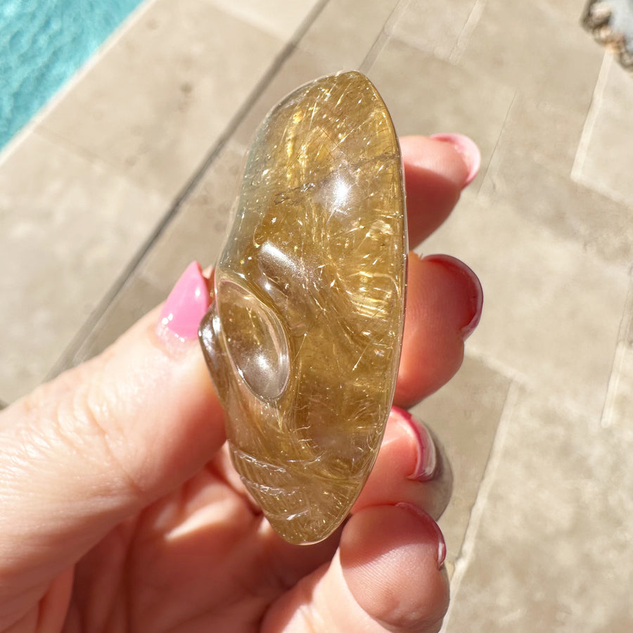 Golden Rutile Quartz Palm Crystal Skull Carved by Leandro de Souza