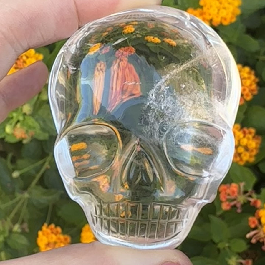 Clear Lemurian Quartz Palm Crystal Skull Carved by Leandro de Souza