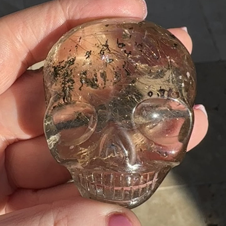 Golden Rutile and Lodolite Citrine Quartz Palm Crystal Skull Carved by Leandro de Souza