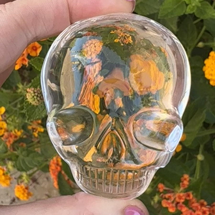 Clear Lemurian Quartz Palm Crystal Skull Carved by Leandro de Souza